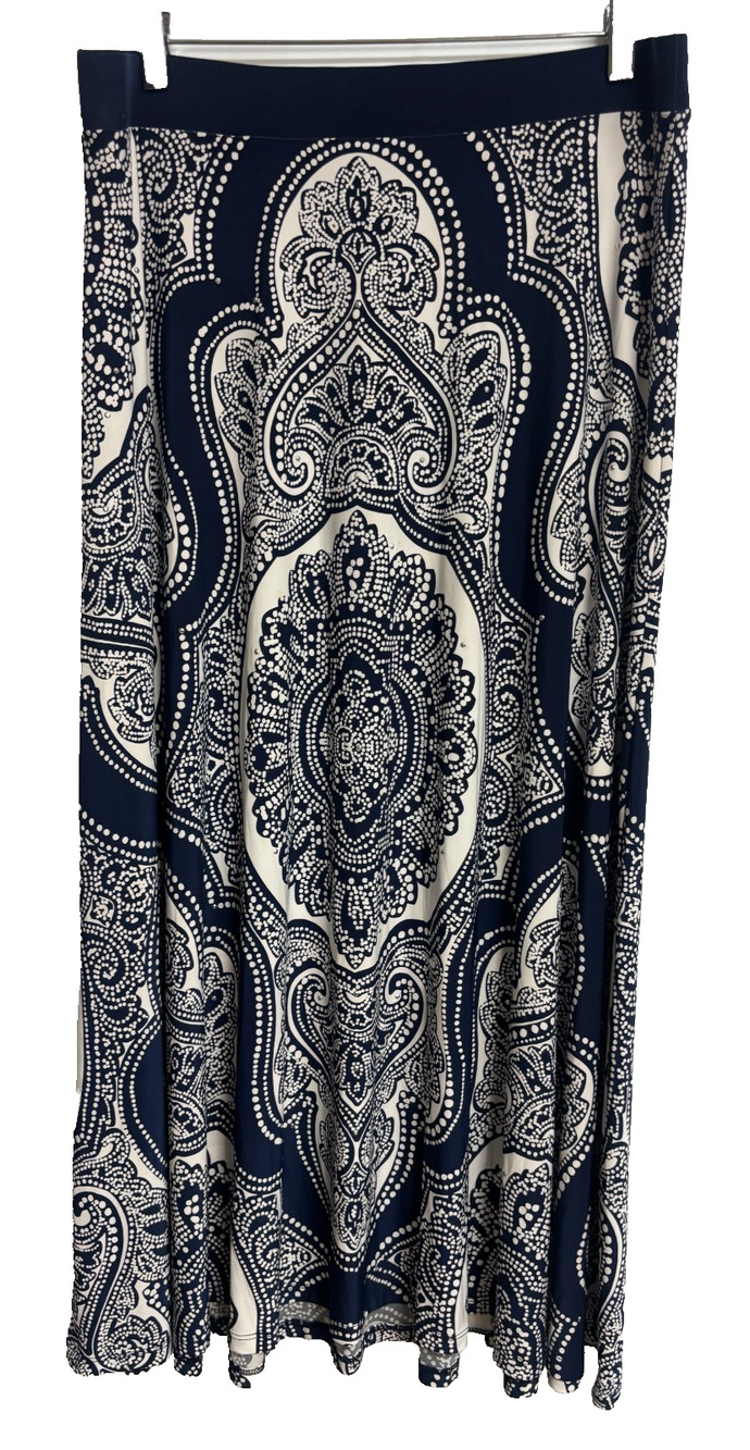 INC International Concepts Maxi Skirt 0X Blue White Baroque Medallion Boho NEW